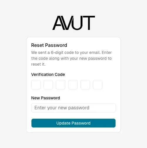 The Reset Password screen: a six-digit code input, a new password field, and an Update Password button