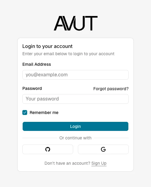 The AVUT sign-in screen: email and password fields with a "Forgot password?" link, and GitHub and Google social sign-in buttons below