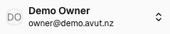 The user menu button in the sidebar footer, unopened: an avatar with the signed-in user's name and email and an up-down chevron on the right