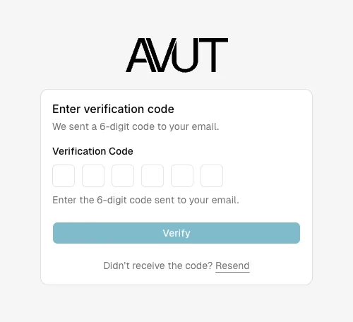 The email verification screen with six single-digit code inputs and a Verify button