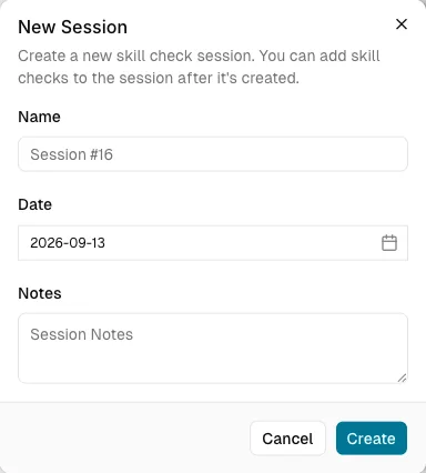 The New Session dialog: a name field whose placeholder offers the next session number, a date defaulting to today, and a notes field
