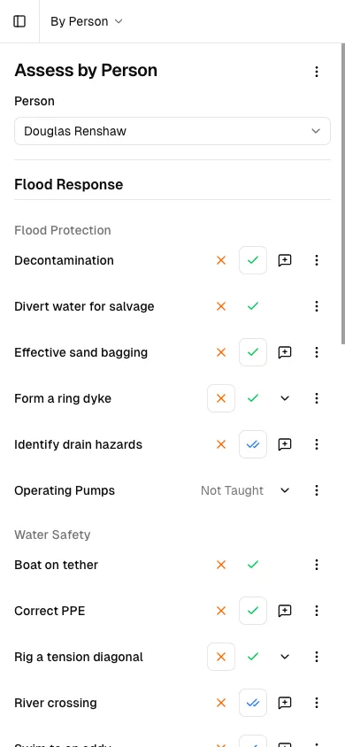 Assess by Person on a phone: the assessee list has collapsed into a Person dropdown above the results, with Douglas Renshaw's skills listed below it