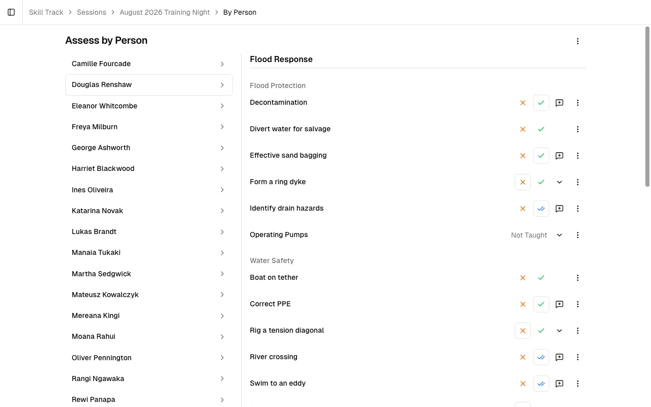 Assess by Person on a laptop: a list of the session's assessees on the left with Douglas Renshaw selected, and his assigned skills on the right, each row carrying a fail button, a pass button, a note button and a menu