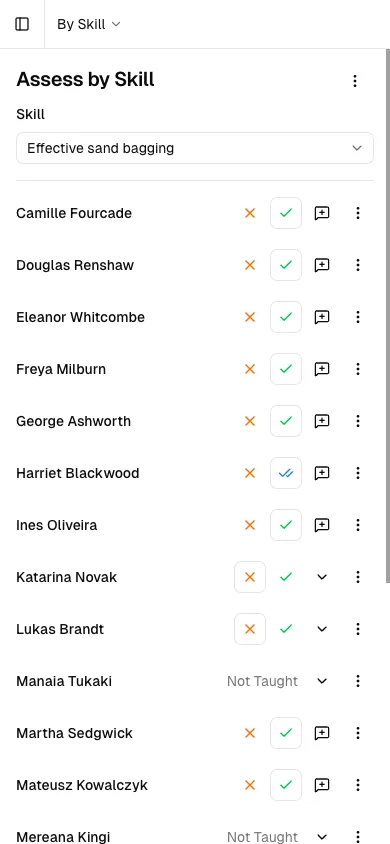 Assess by Skill on a phone: the skill list has collapsed into a Skill dropdown above the results, with everyone assigned to Effective sand bagging listed below it