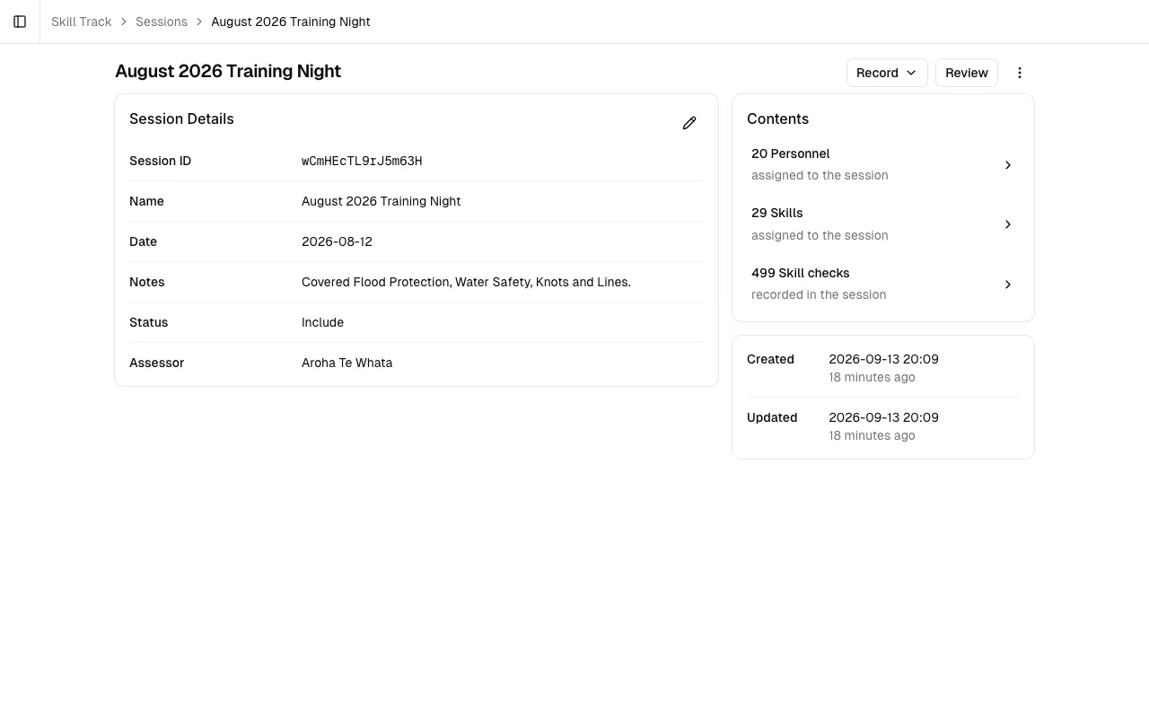 The session page for August 2026 Training Night: session details on the left, a Contents card linking to Personnel, Skills and Skill checks on the right, and Record and Review buttons in the header