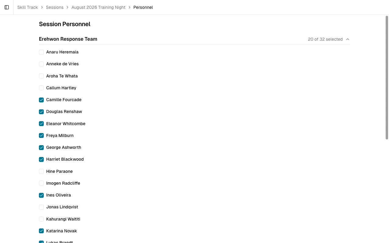 The session Personnel page: the Erehwon Response Team roster, each person with a checkbox marking who is being assessed, showing 20 of 32 selected