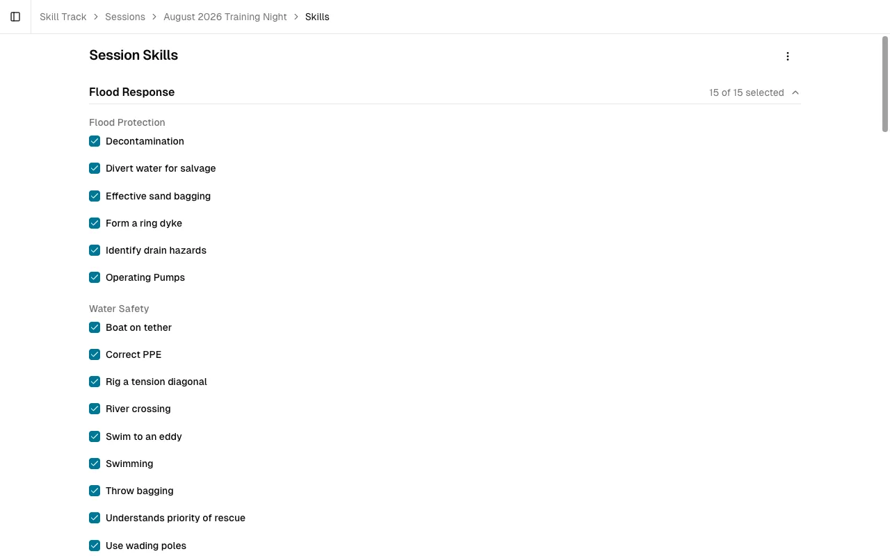 The session Skills page: catalogue skills grouped by package and skill group, each with a checkbox, showing the Flood Response package fully selected at 15 of 15